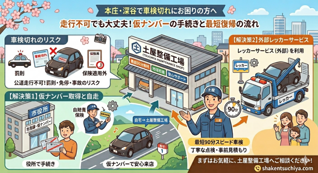 本庄・深谷で車検切れにお困りの方へ｜走行不可でも大丈夫！仮ナンバーの手続きと最短復帰の流れ