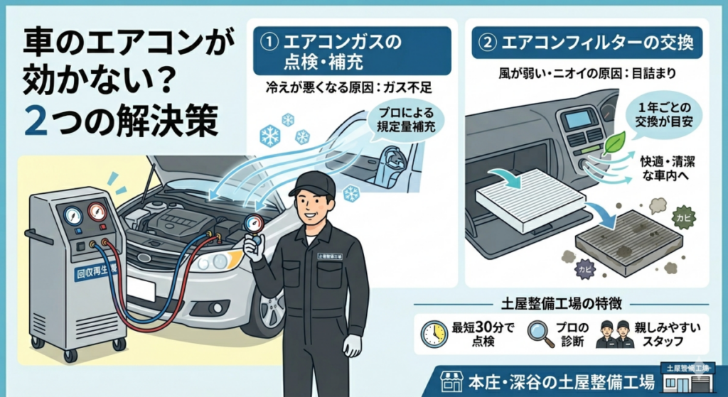 本庄・深谷で車のエアコンが効かないとお悩みの方へ！ガス補充とフィルター交換の重要性
